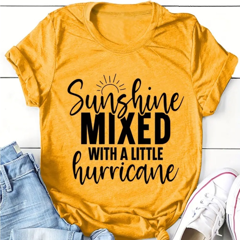 Sun & Letter Print Casual T-shirt, Crew Neck Short sleeve..Temu. never been worn